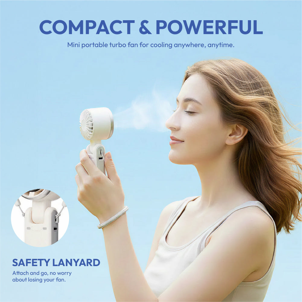MAVIÉ Portable Handheld Turbo Fan, Rechargeable 3-In-1 Mini Personal Desk & Neck Fan, 5 Speeds & LED Display, Long Battery Life, Foldable Design With Lanyard for Travel, Outdoor, Beach, Makeup