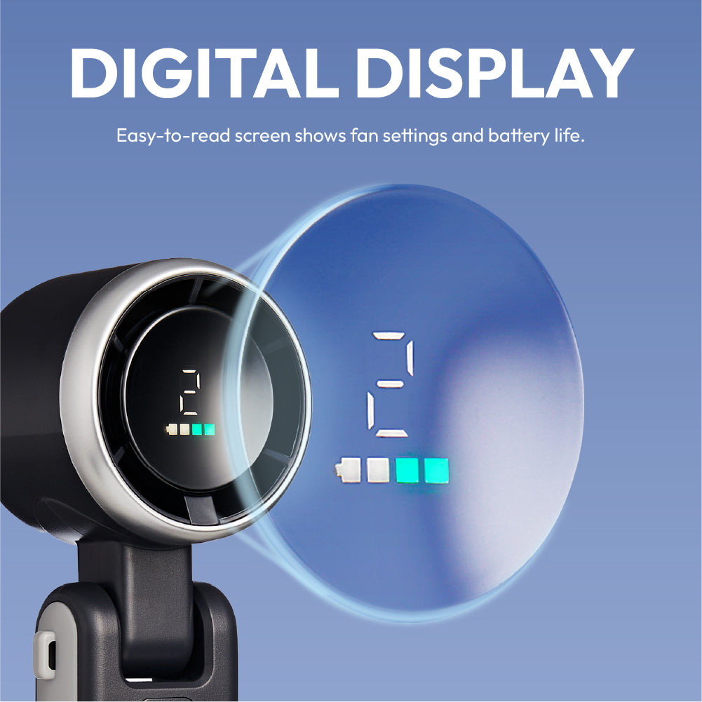 MAVIÉ Portable Handheld Turbo Fan, Rechargeable 3-In-1 Mini Personal Desk & Neck Fan, 5 Speeds & LED Display, Long Battery Life, Foldable Design With Lanyard for Travel, Outdoor, Beach, Makeup