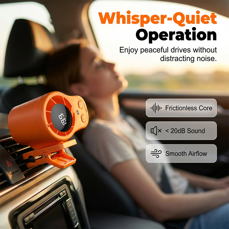 Hands-Free USB Personal Fan – Car Vent & Desk Clip, LED Display, Quiet (<36dB)