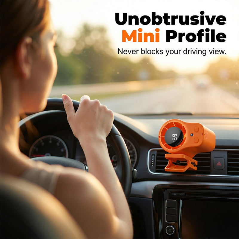 Hands-Free USB Personal Fan – Car Vent & Desk Clip, LED Display, Quiet (<36dB)