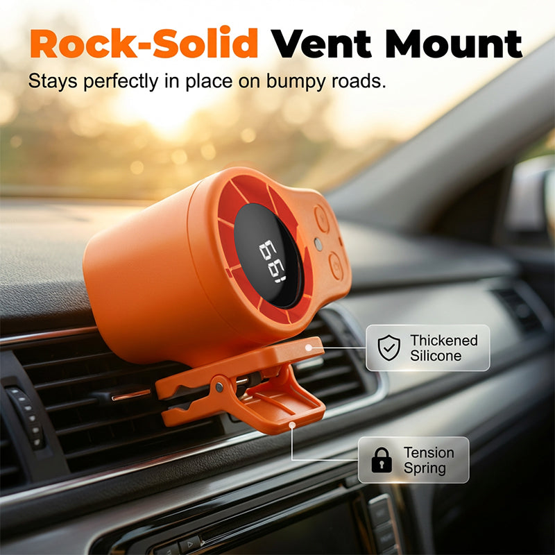 Hands-Free USB Personal Fan – Car Vent & Desk Clip, LED Display, Quiet (<36dB)