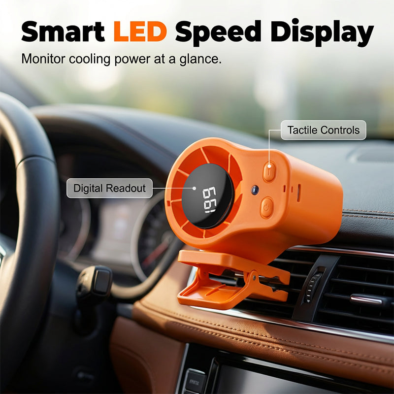 Hands-Free USB Personal Fan – Car Vent & Desk Clip, LED Display, Quiet (<36dB)