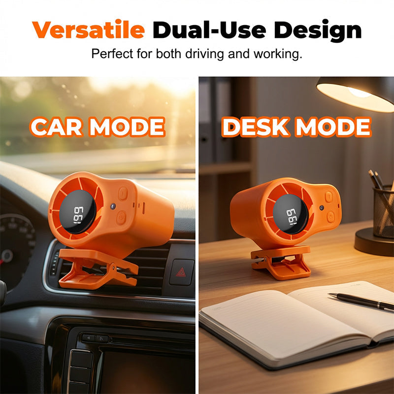 Hands-Free USB Personal Fan – Car Vent & Desk Clip, LED Display, Quiet (<36dB)